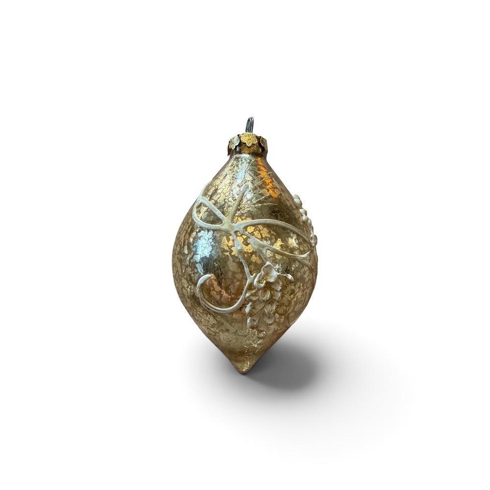 Vintage Gold Mercury Glass Christmas Ornament Raised Floral Teardrop 5 Inch